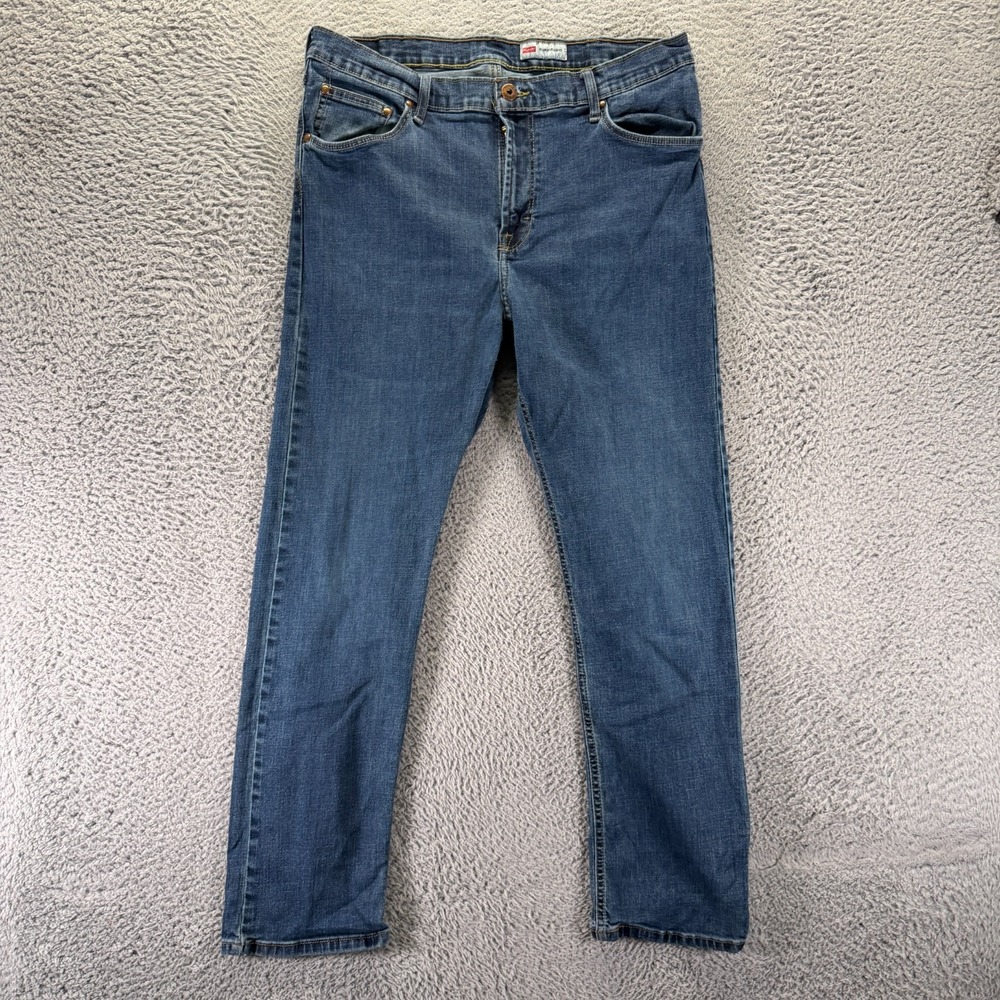 Wrangler Jeans Mens 36x30 Blue Cotton Denim Straight Slim Fit Workwear Stretch